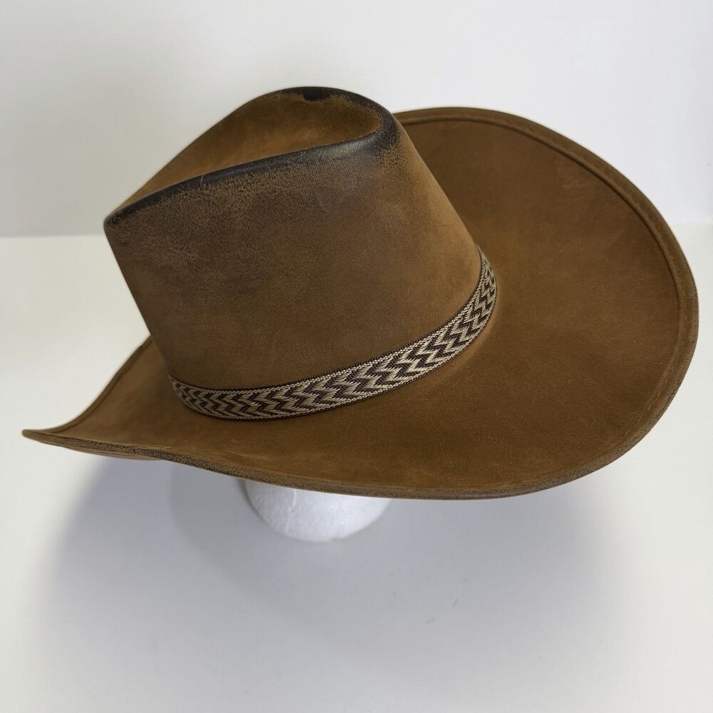 Brown Genuine Suede Leather Cowboy Western Hat Cattleman Crease Hatband Unisex